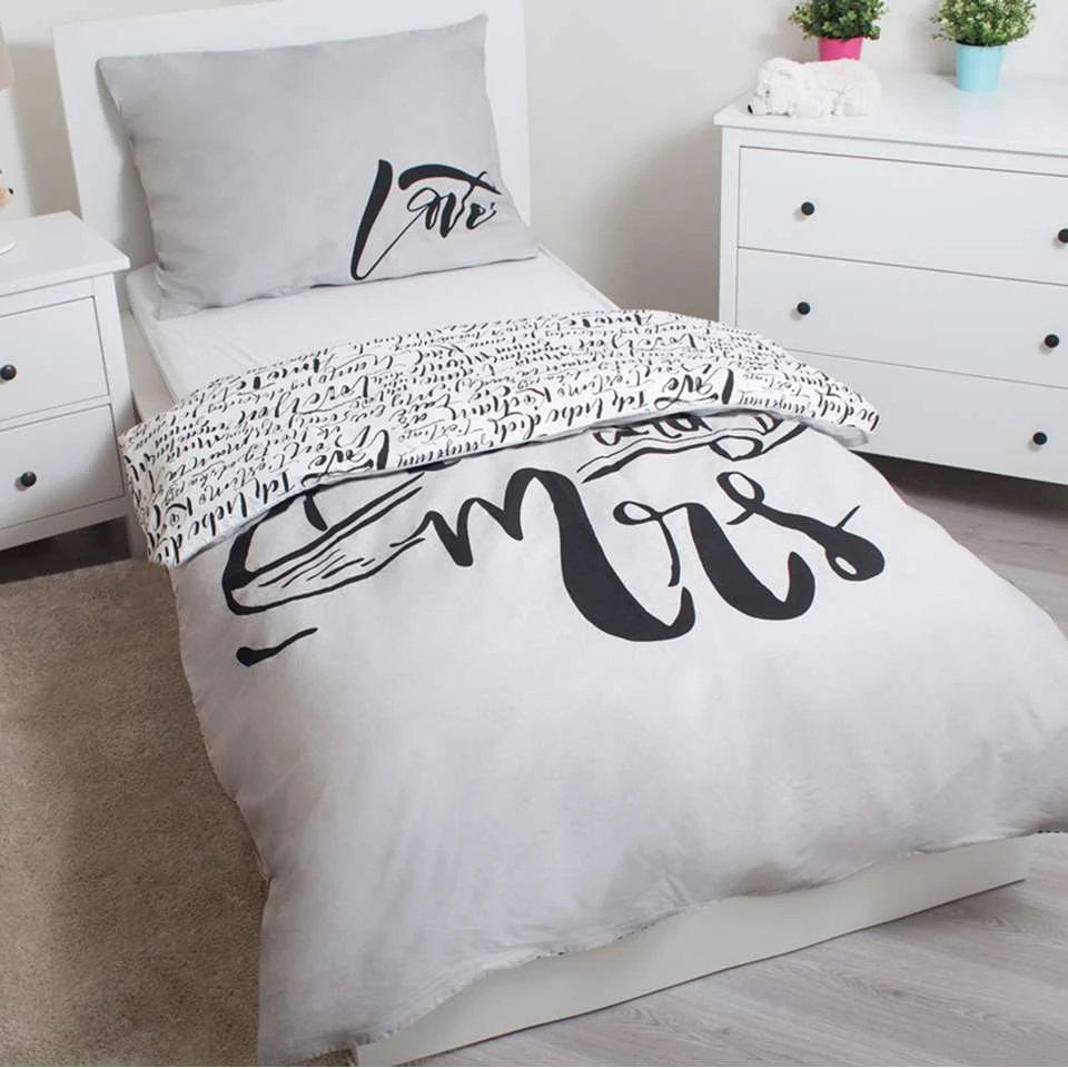 Mr & Mrs - Dekbedovertrek - Eenpersoons - 140 X 200 Cm - Grijs - Afbeelding 3